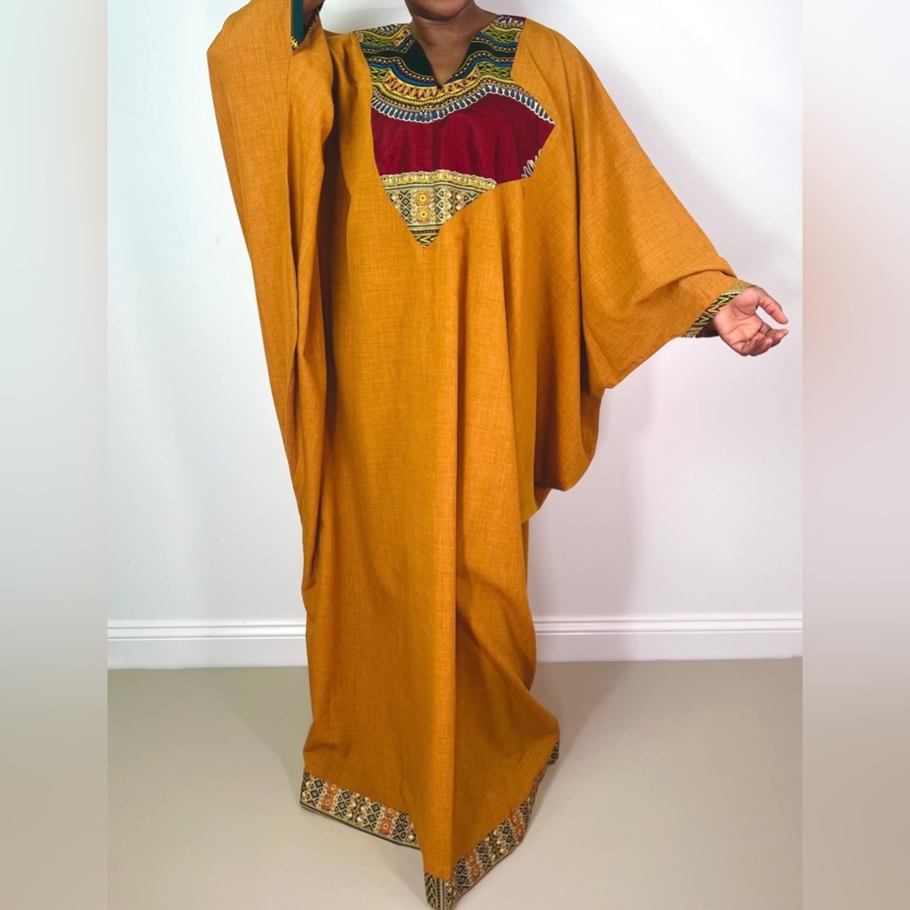 Handmade Burnt Yellow Dashiki Detail Maxi Kaftan Oversized Dress